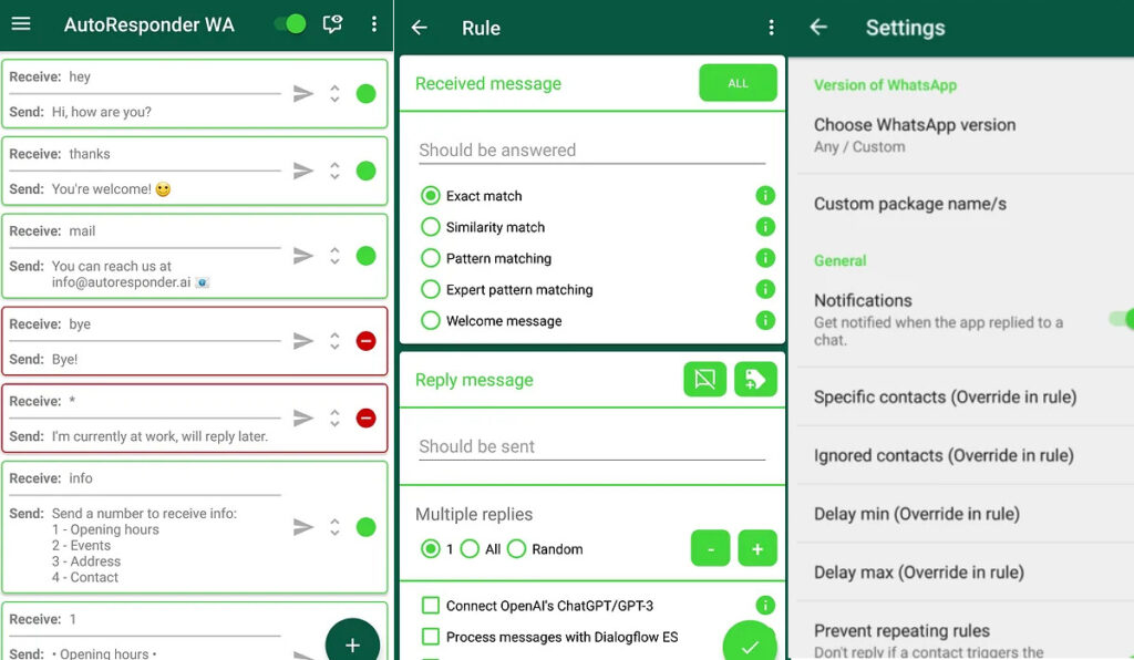 Capturas de tela do aplicativo AutoResponder mostrando como configurar o envio de mensagens automáticas. 