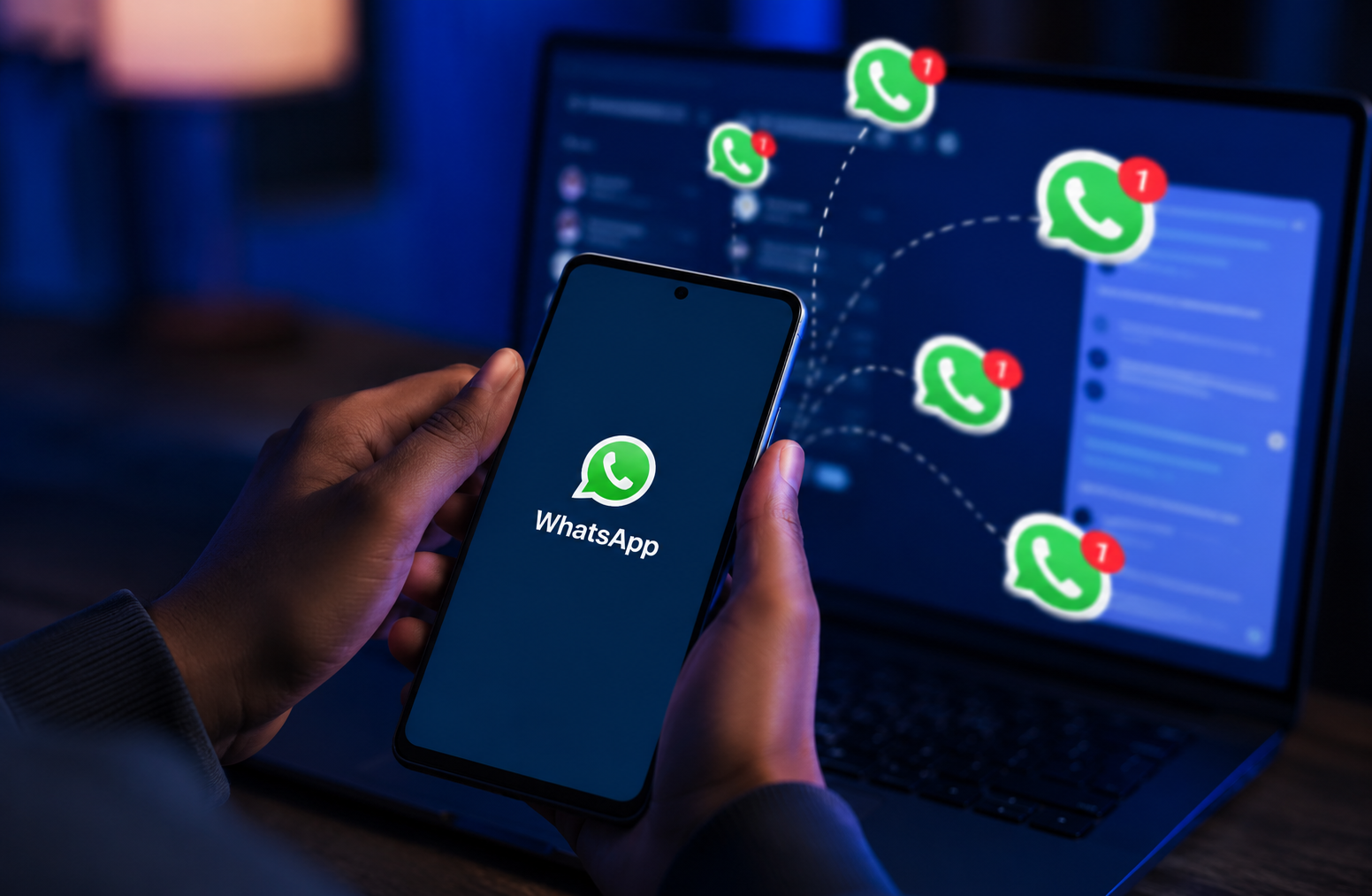 mao segurando celular com whatsapp aberto conectado a varios numeros de whatsapp saindo de um notebook, representando disparo em massa no whatsapp sem api oficial